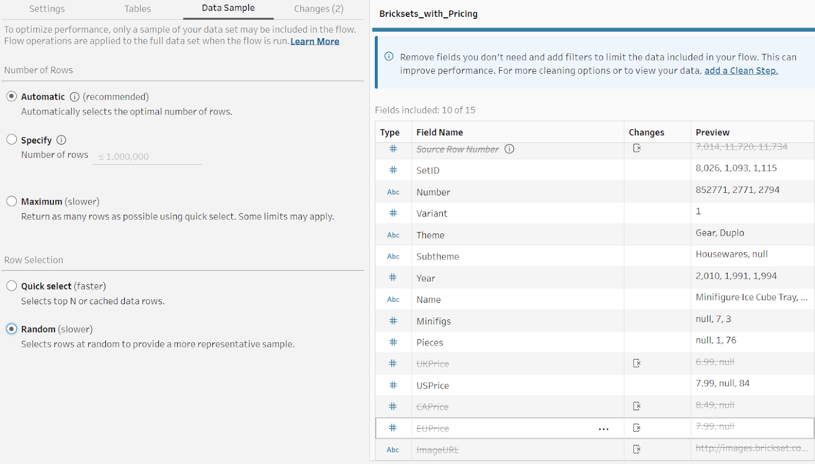 Tableau Prep user changing the Sampling method to Random