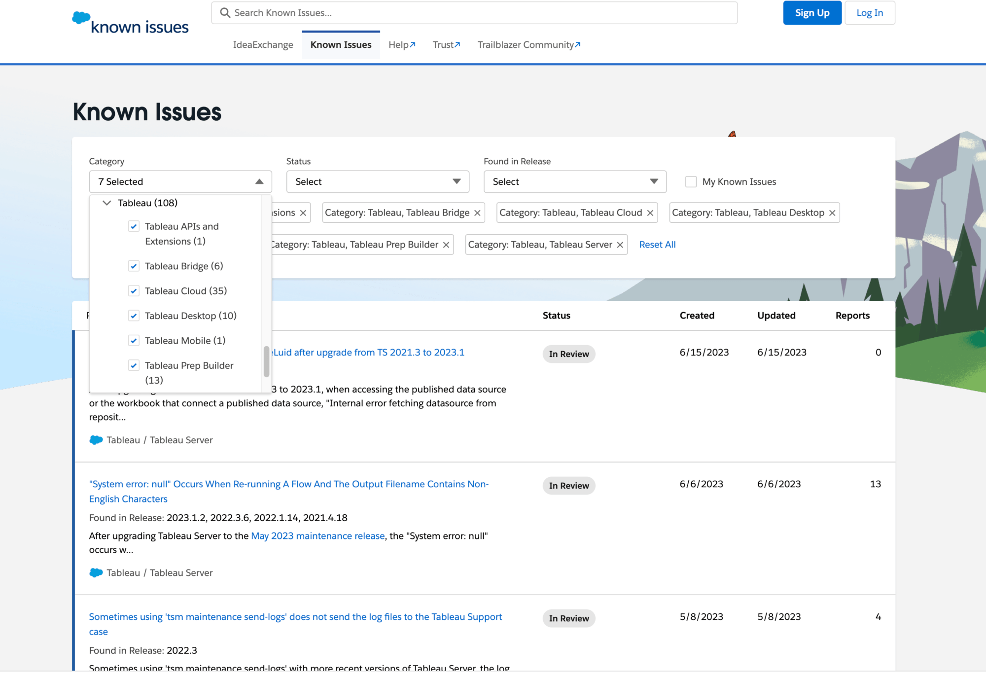 Known Issues page for Tableau