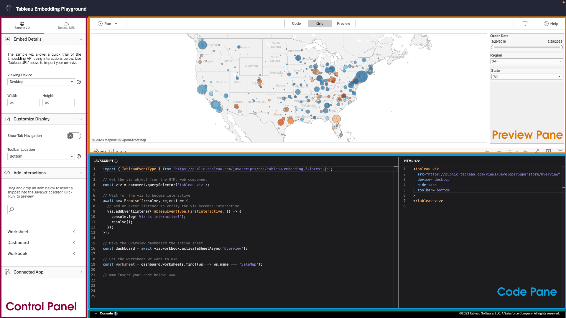 The Embedding Playground labeled with sections for the control panel, preview pane, code pane, and console window.