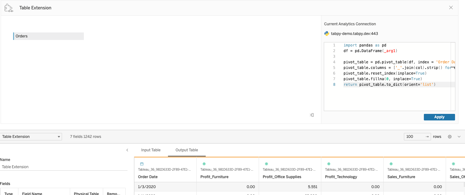 Code has been inputted into the Table Extension to pivot a column in the data source.