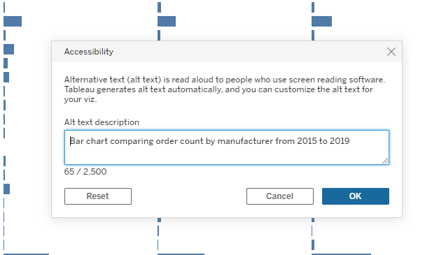 Pop-up window with a field to customize or edit the automated alt text for visualizations