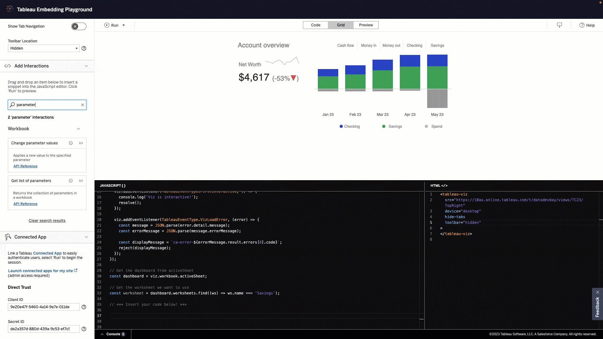 Video showing a cursor dragging and dropping an interaction called "Change parameter values" to a black panel with HTML code on the bottom half of the screen