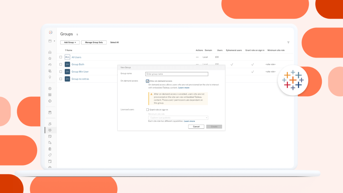 Screenshot of permissions settings in Tableau with "Allow on-demand access" box ticked over an orange and peach background