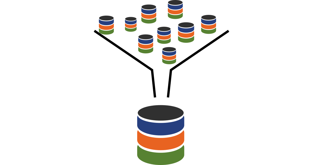 Many small databases being funneled into a larger database.