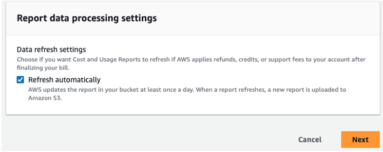 Options in set up of AWS cost and usage report based on analytics needs. Refresh automatically option is selected with a white checkmark on a blue background