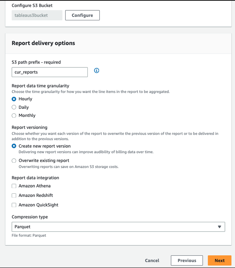 Report delivery options in set up of AWS Billing cost and usage report. Hourly option is selected in blue for data time granularity. Create new report version is selected in blue for report versioning.