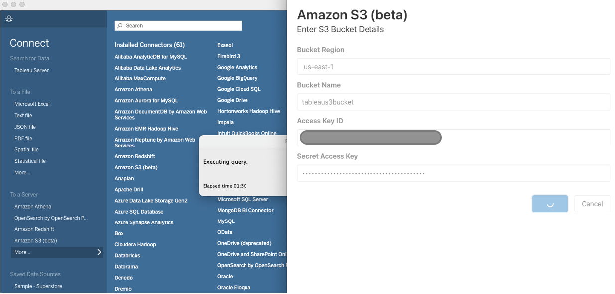 Pop-up window showing list of installed connectors on a blue background. White screen for Amazon S3 bucket access information.