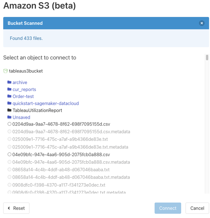 Menu to configure Amazon S3 Connector showing a white screen with blue menu bar and bucket folder names to connect an object to 