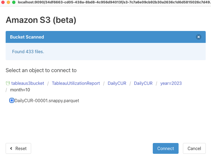 Menu to configure Amazon S3 Connector showing a white screen with blue menu bar and bucket names to connect an object to 