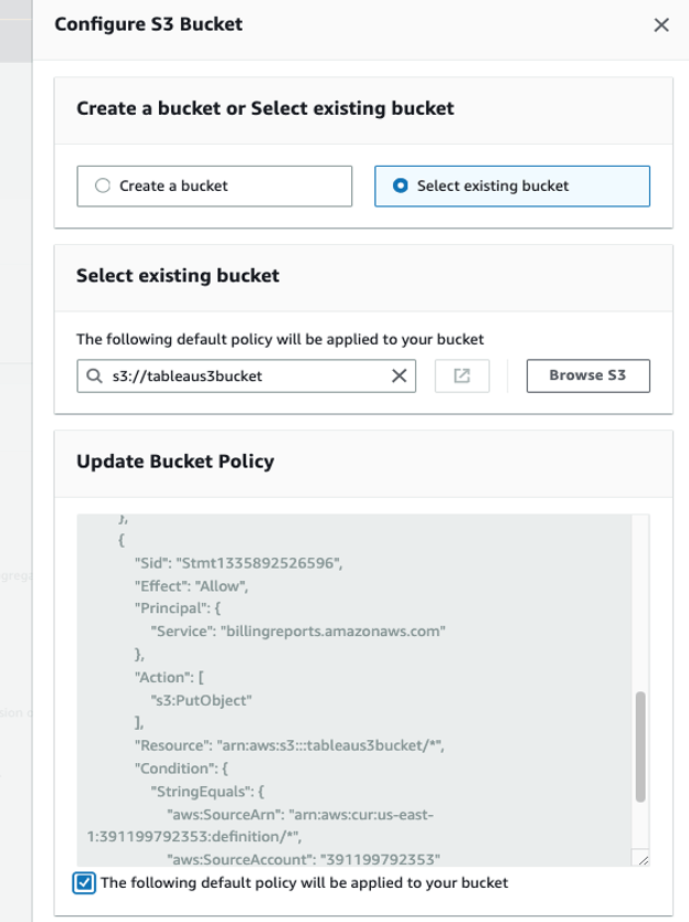 Set up menu of AWS Cost and Usage Report for selecting an existing S3 bucket