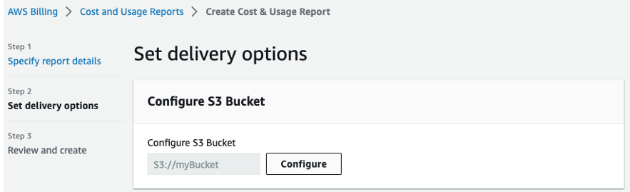 Set up menu of AWS Cost and Usage Report for configuring an S3 bucket