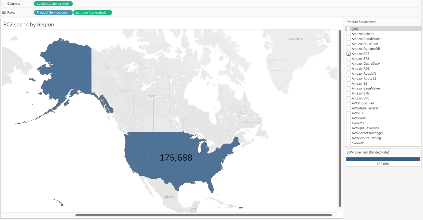Data visualization of US map tracking specific AWS service spend by region