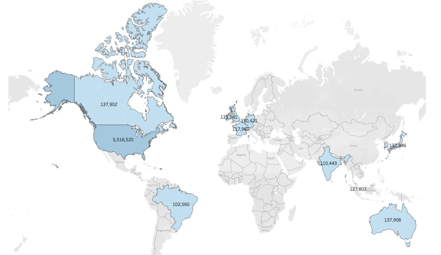 Map visualization of AWS product service spend labeled by country, colored in shades of blue