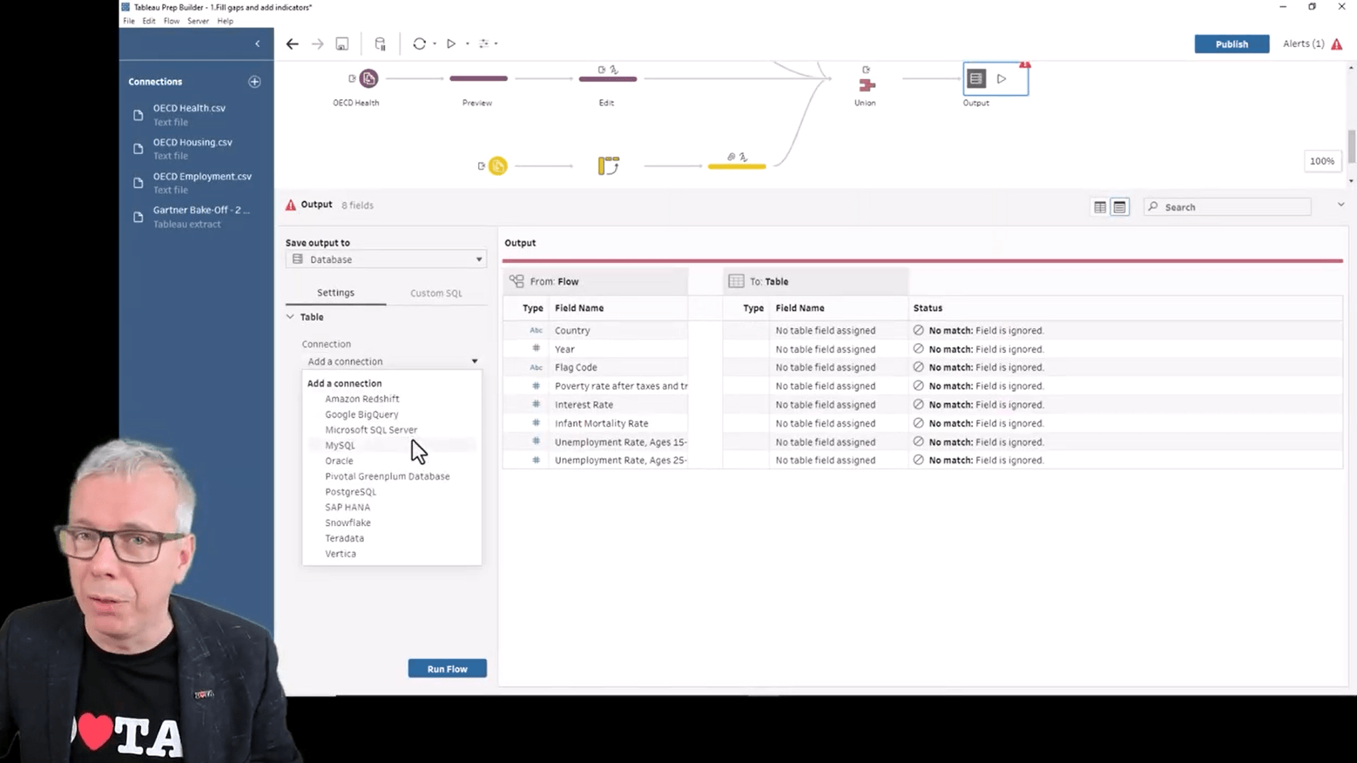 Screenshot of Tableau Prep and connection to a dropdown menu of databases