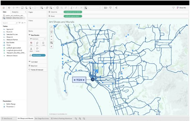 Light blue map visualization of art shops and murals in San Diego using Spatial Parameters feature which offers geocoding at the address level and distance or buffer analysis