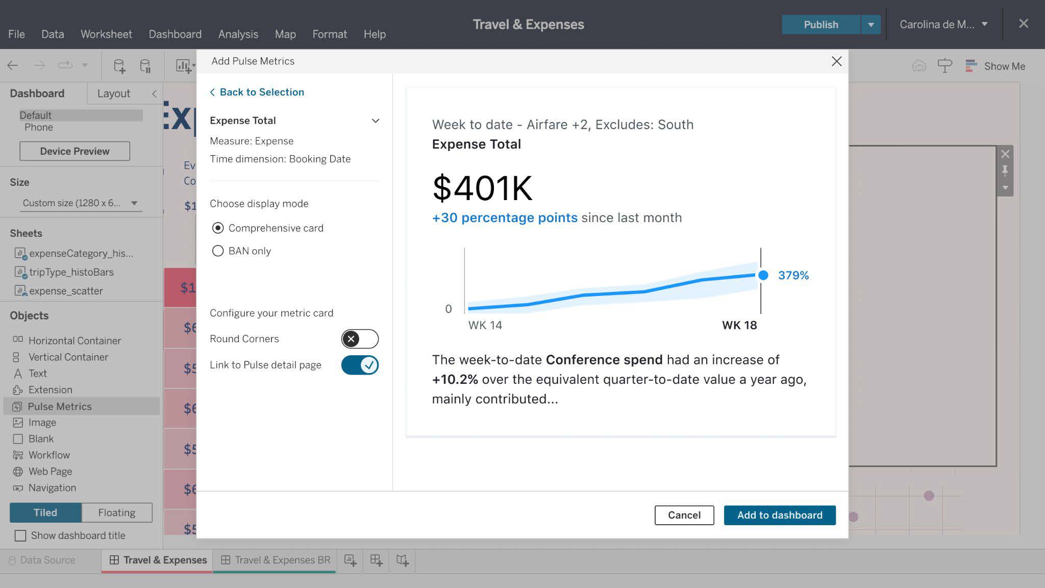 Customized Tableau Pulse metrics cards and insights in a dashboard. Pop out shows $401,000 total cost of conference expense total, up 31 points from the previous month