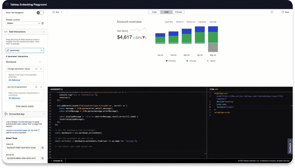 Screenshot of the Tableau Embedding Playground