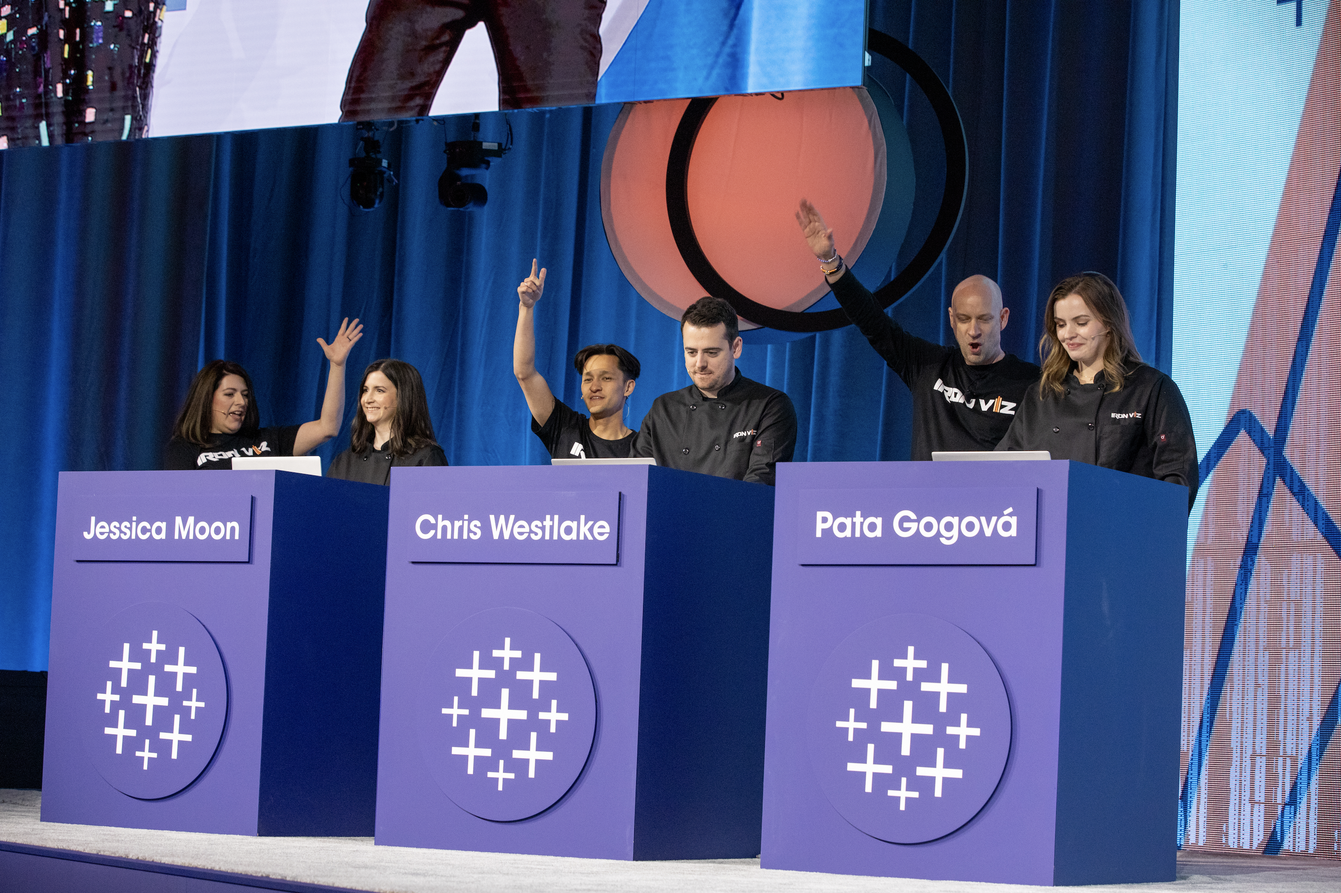  Finalists and sous-vizzers during the Iron Viz countdown clock, working on their visualizations. Left to right: Kim Vitiello, Jessica Moon, JP King, Chris Westlake, Peter Jönsson and Pata Gogová