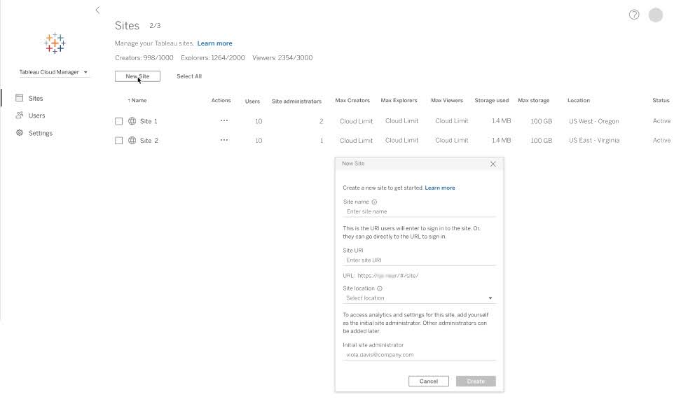 Cloud Admin Creates Tableau Cloud Site screenshot