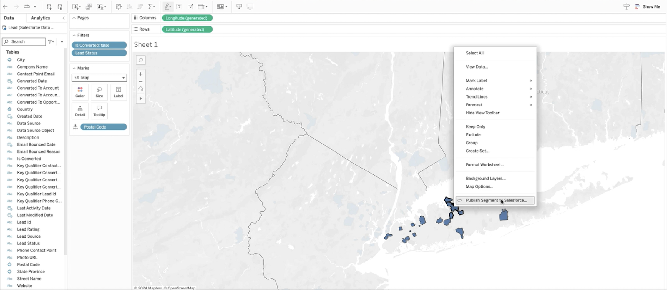 A map of New York within the Tableau Cloud interface shows a segment of customers selected, and the menu option "Publish Segment in Salesforce" being selected, which will create a segment within Data Cloud