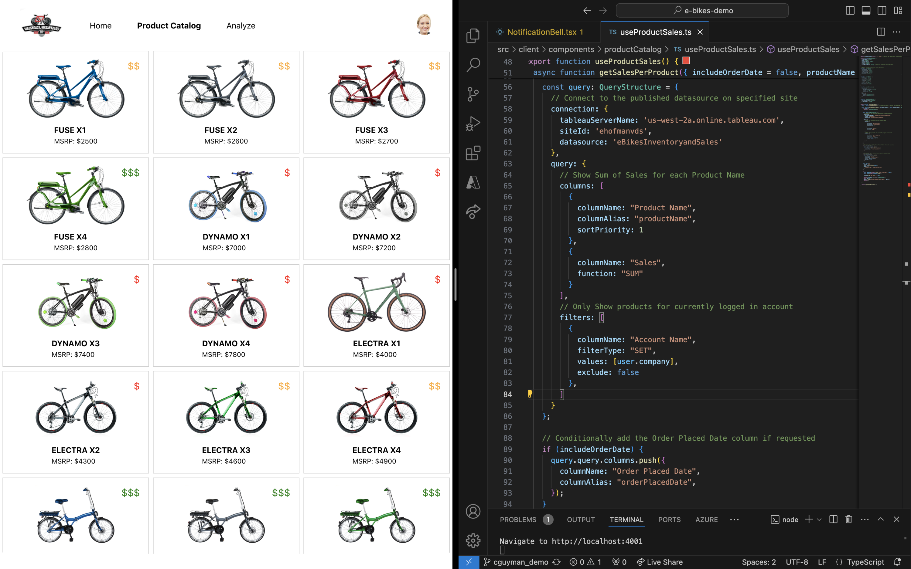 Example of Tableau VizQL Data Service in action, where the left half of the image shows an ebike inventory application with indicators of sales ($, $$, or $$$) and the right side of the image shows the VizQL Data Service code that is powering the sales indicators for each inventory item.