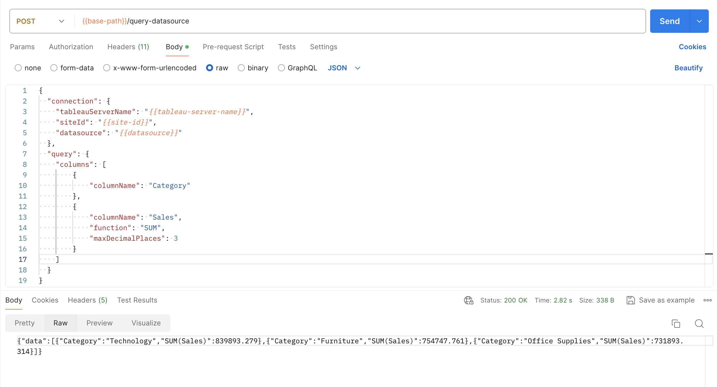 Interface of a query to Tableau VizQL Data Service to retrieve sales data from a published data source without building a visualization