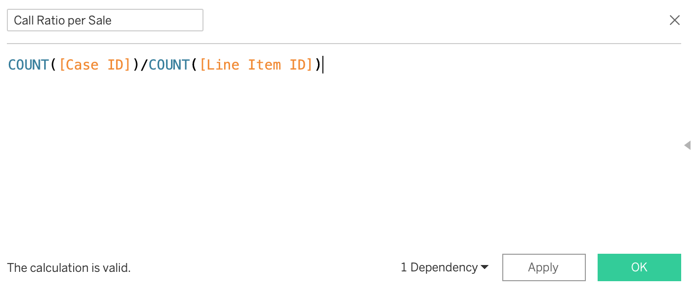 A calculation interface in Tableau to create a ratio of support calls per sale of products.