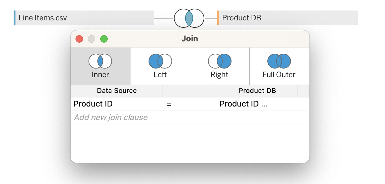 Tableau dialog box with choices of an inner join, left join, right join, or full outer join.