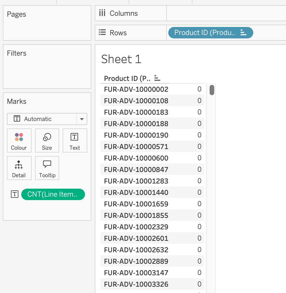 A snippet of a Tableau viz with a Product ID pill on the Rows shelf and list of product IDs in the view.