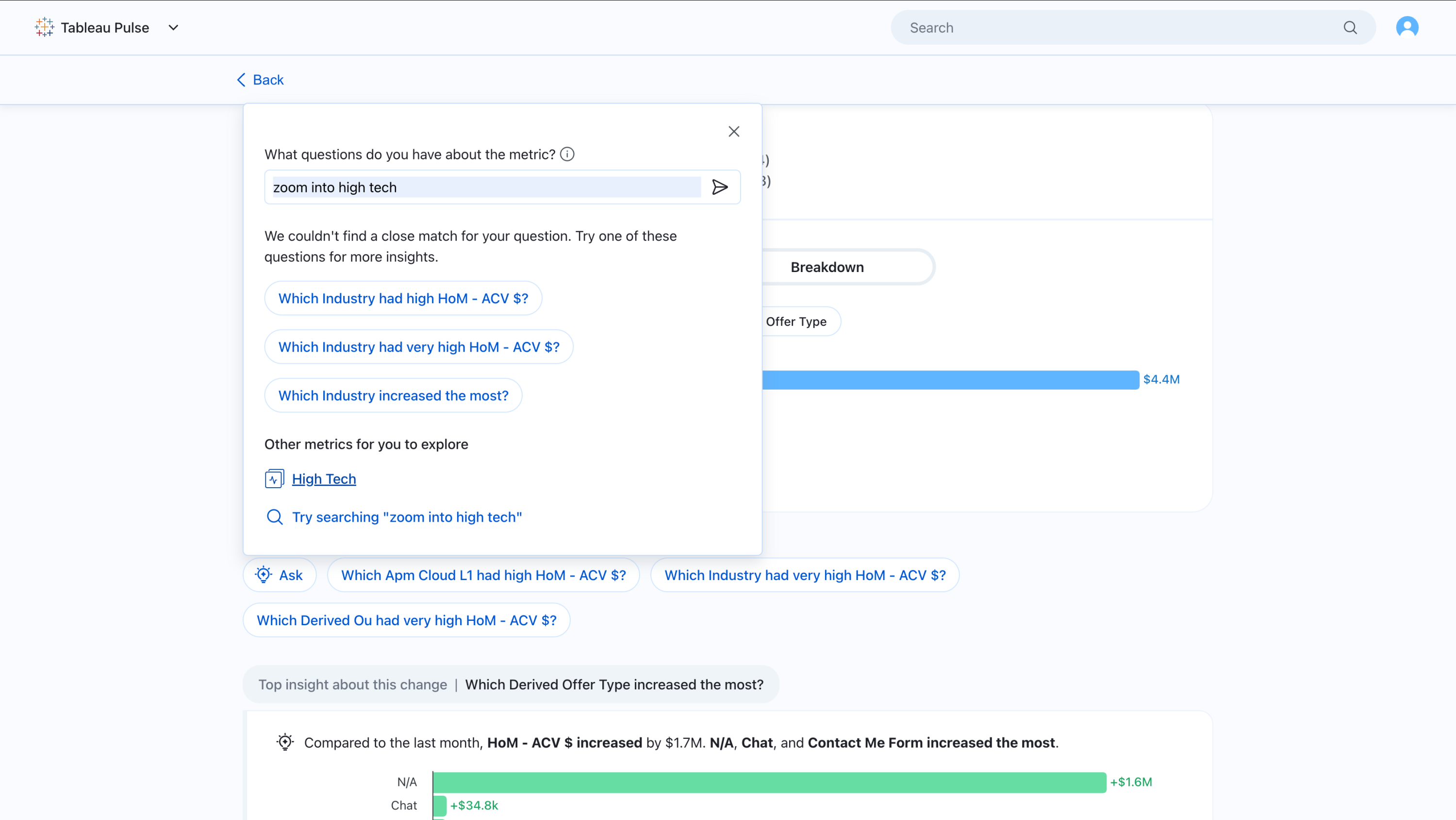 White screen with question field asking "What questions do you have about the metric?" and text reading "zoom into high tech". Additional questions generated by AI are shown in blue