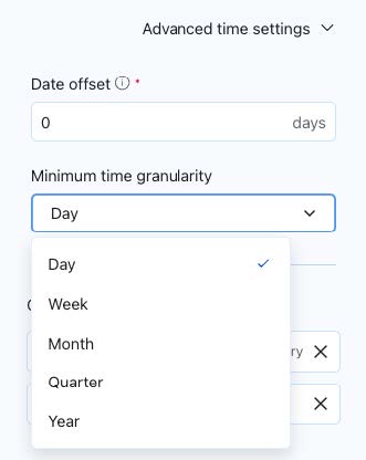 Tableau Pulse time settings dropdown menu where you can indicate minimum time granularity