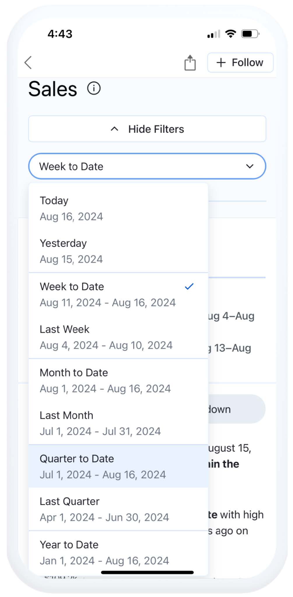 Tableau Pulse mobile screen showing week to date filter changing to "quarter to date" time period