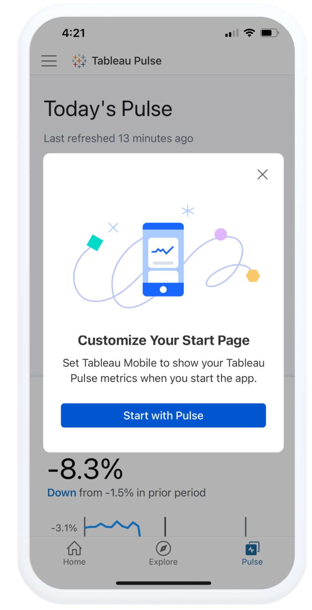 Mobile phone showing pop-up reading "Customize Your Start Page" to set start page as Tableau Pulse