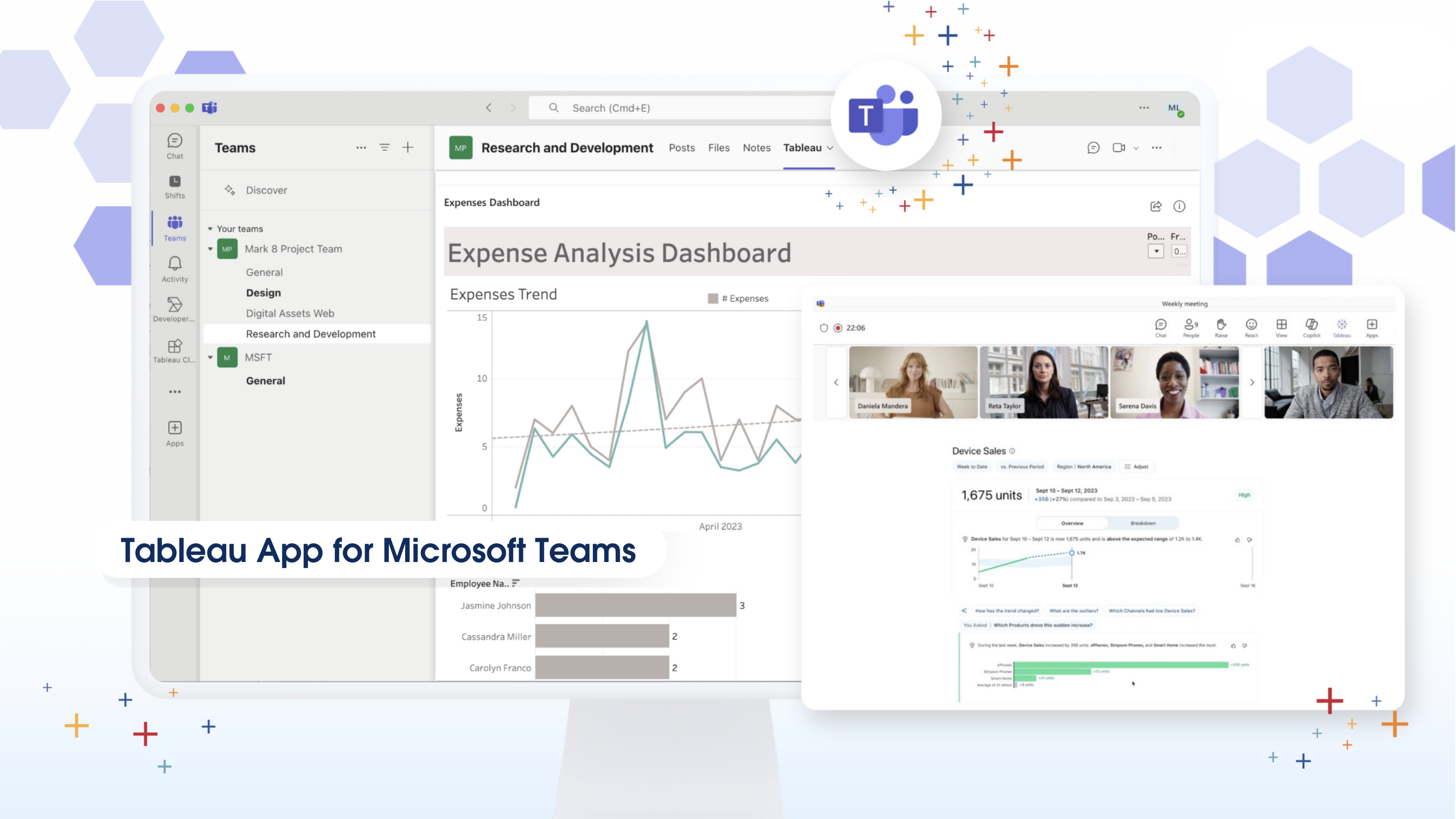 A computer displays Tableau Pulse within Microsoft Teams and beside it is a floating screenshot of a Microsoft Teams live call that includes a Tableau dashboard to demonstrate the Tableau App for Microsoft Teams.