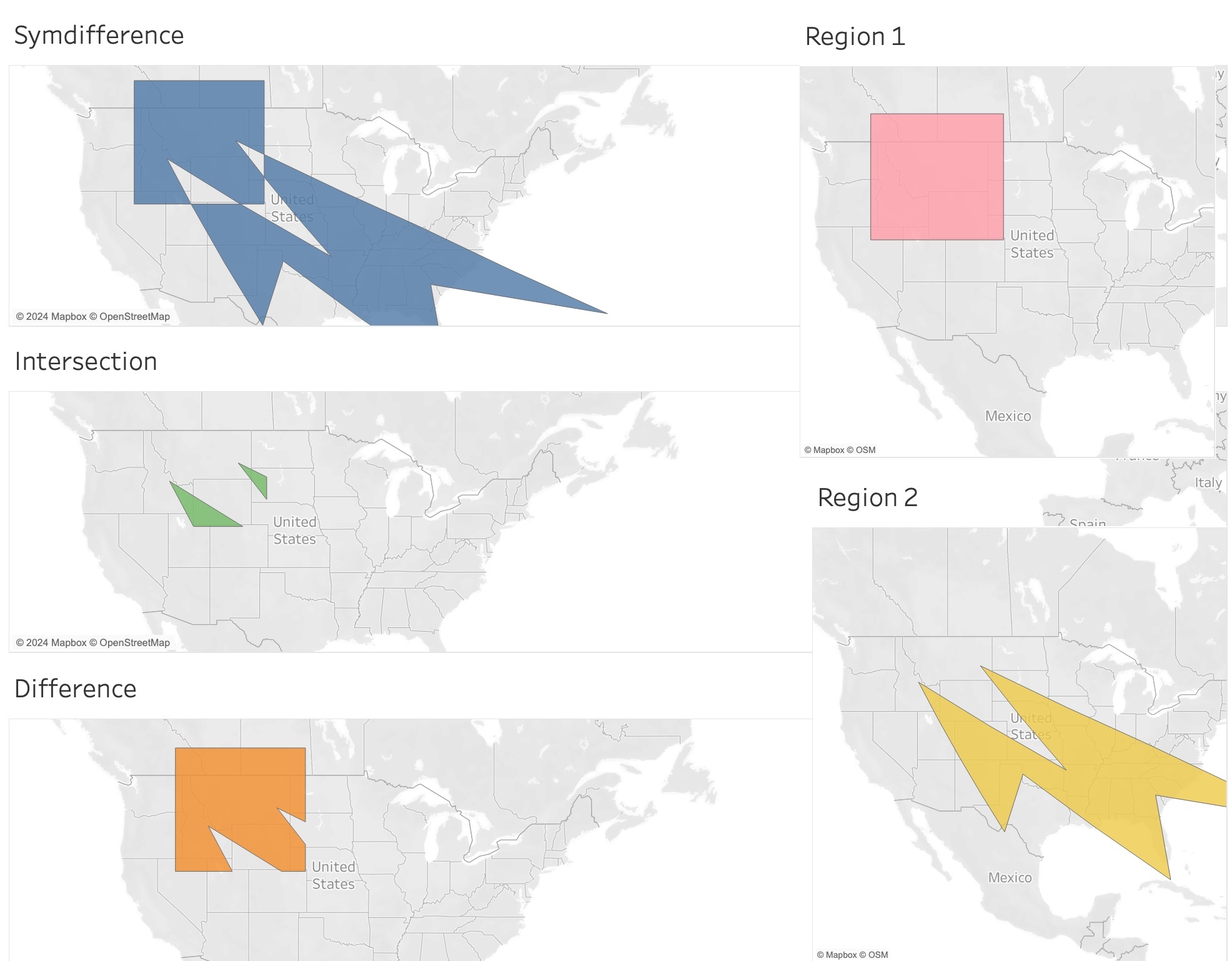 Five maps in Tableau organized with three on the left depicting the spatial results of a Symdifference, Intersection, and Difference Boolean calculation based on the commonality or differences of the two regions of the maps on the right.