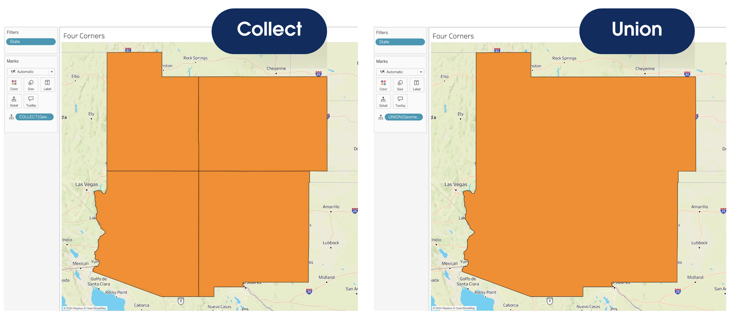 Two Tableau maps side-by-side showing how the geospatial aggregation Collect retains the borders of its individual polygons whereas the function Union dissolves the borders as one shape.