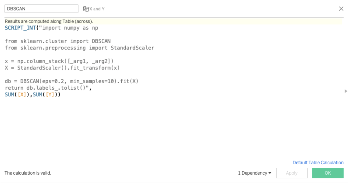 Tableau's calculation interface showing a sample Python script used for clustering