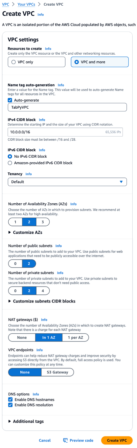 AWS interface for creating a VPC and subnets, showing configuration settings for hosting Tableau's TabPy Server