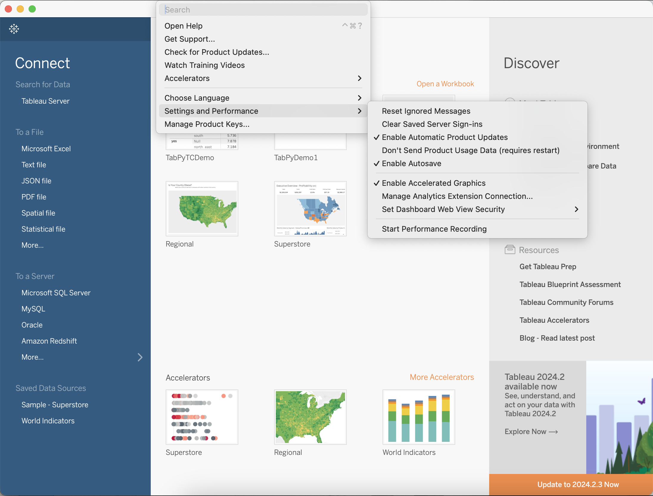 Tableau interface for connecting to data showing to manage Analytics Extensions in order to connect to the AWS-hosted TabPy Server