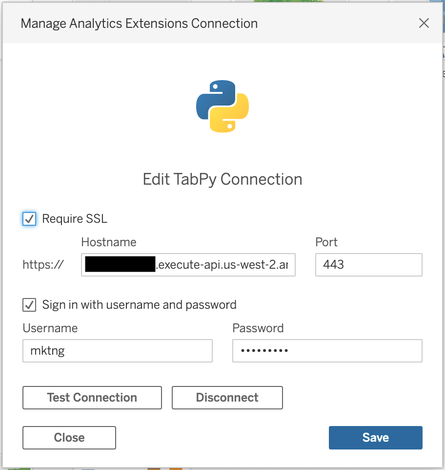 Screenshot of the Tableau Analytics Extensions interface demonstrating how to connect to an AWS-hosted TabPy Server