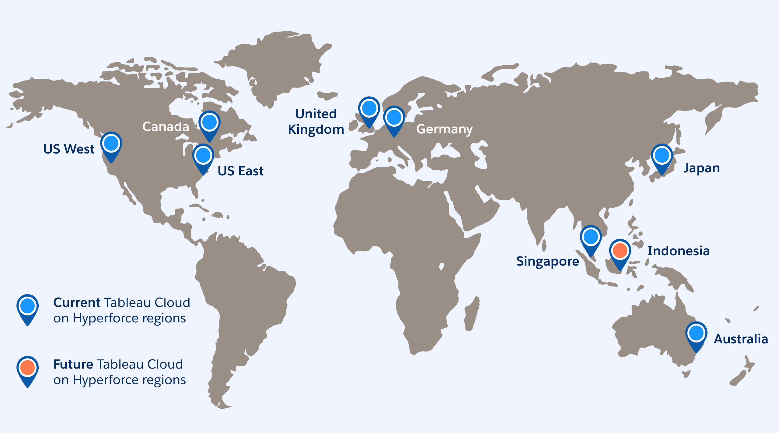 A world map showing the currently available locations of Tableau Cloud on Hyperforce (Oregon, Virginia, and Quebec for North America; UK and Germany for Europe; Japan, Singapore, and Australia for Asia Pacific); as well as Indonesia shown as coming soon