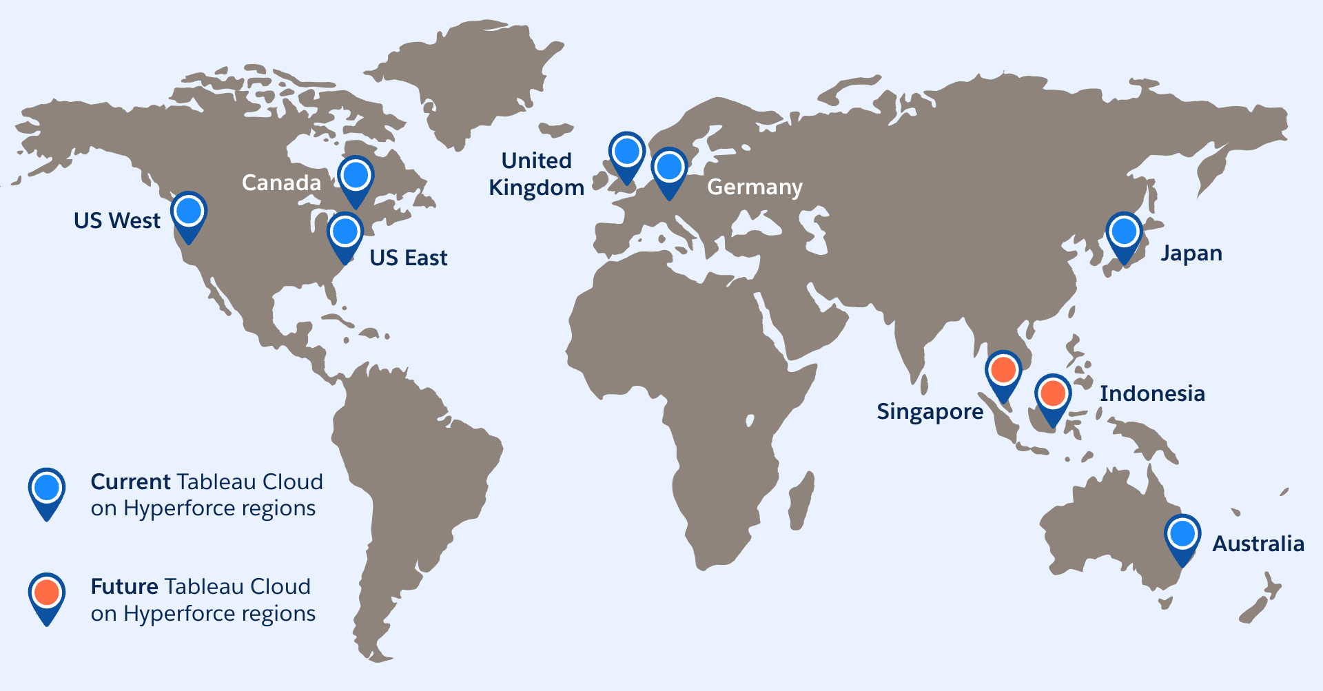 A world map showing the currently available locations of Tableau Cloud on Hyperforce (Oregon, Virginia, and Quebec for North America; UK and Germany for Europe; Japan and Australia for Asia Pacific) as well as two locations coming soon (Singapore and Indonesia)