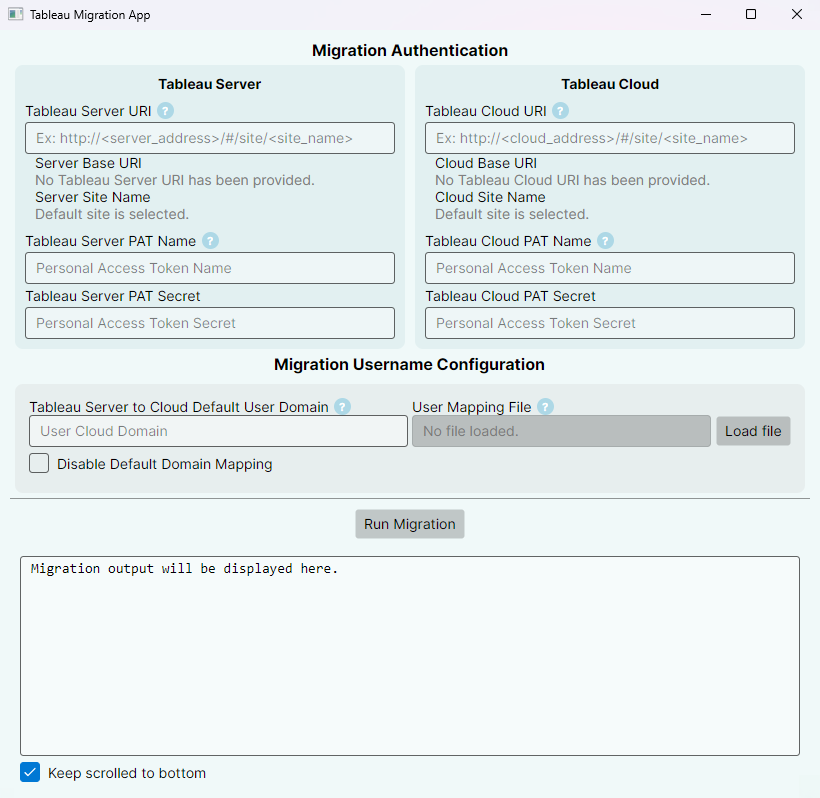 User interface for the Cloud Migration App for Small Deployments, showing configuration settings for migrating a small Tableau Server deployment to Tableau Cloud.