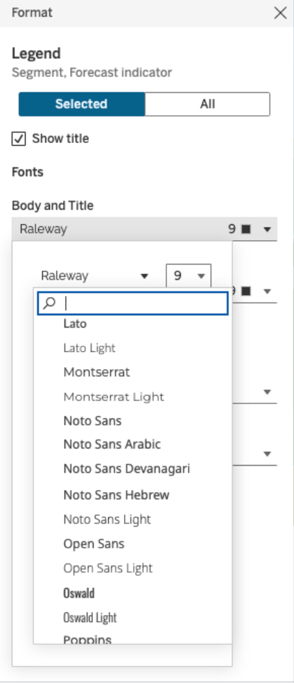 White menu with black text in Tableau showing a dropdown list of Google Fonts to choose from, including Lato, Montserrat, Noto Sans, and many more.