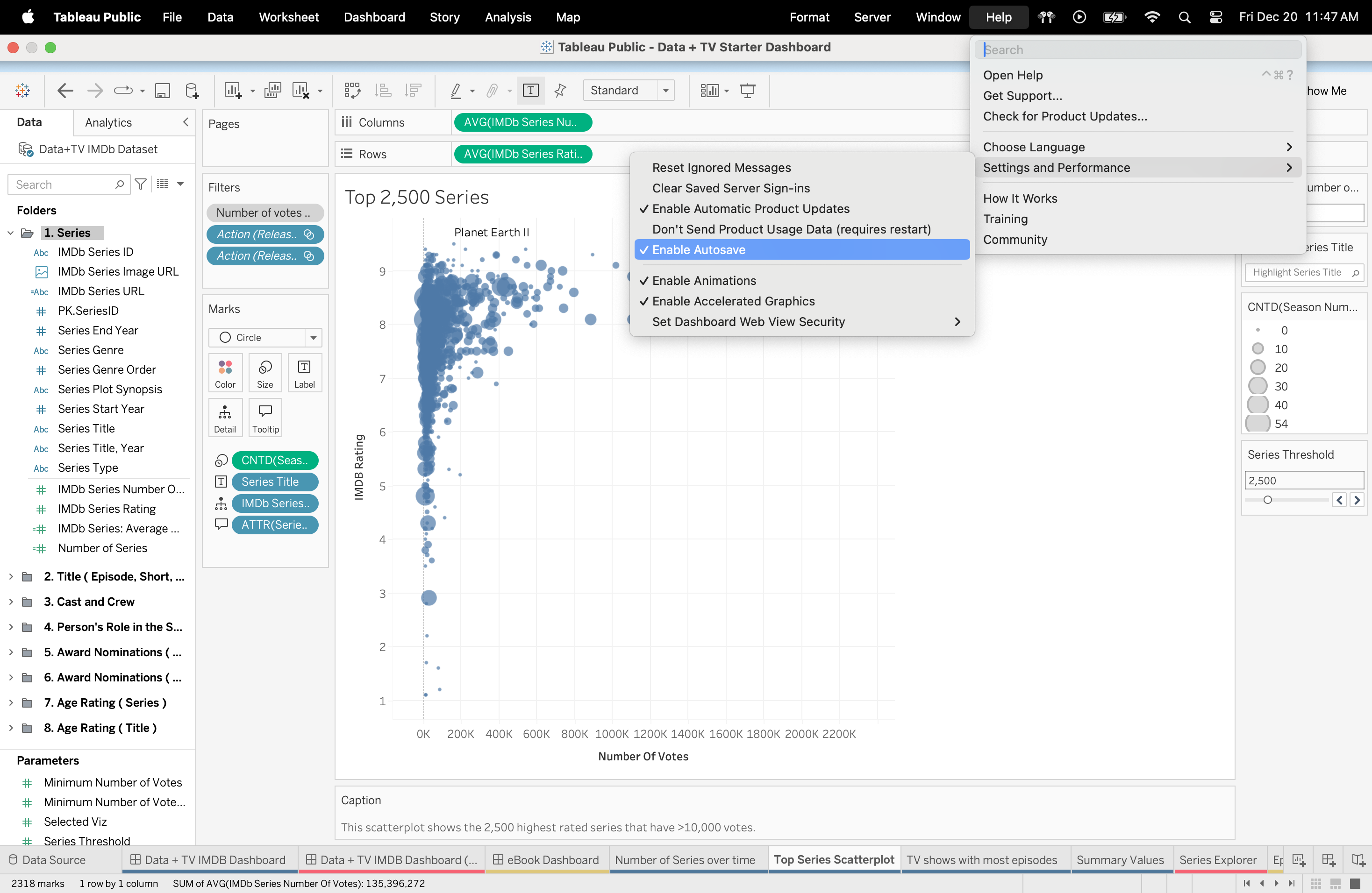 Tableau Help settings menu showing blue selection of text that says "Enable Autosave"