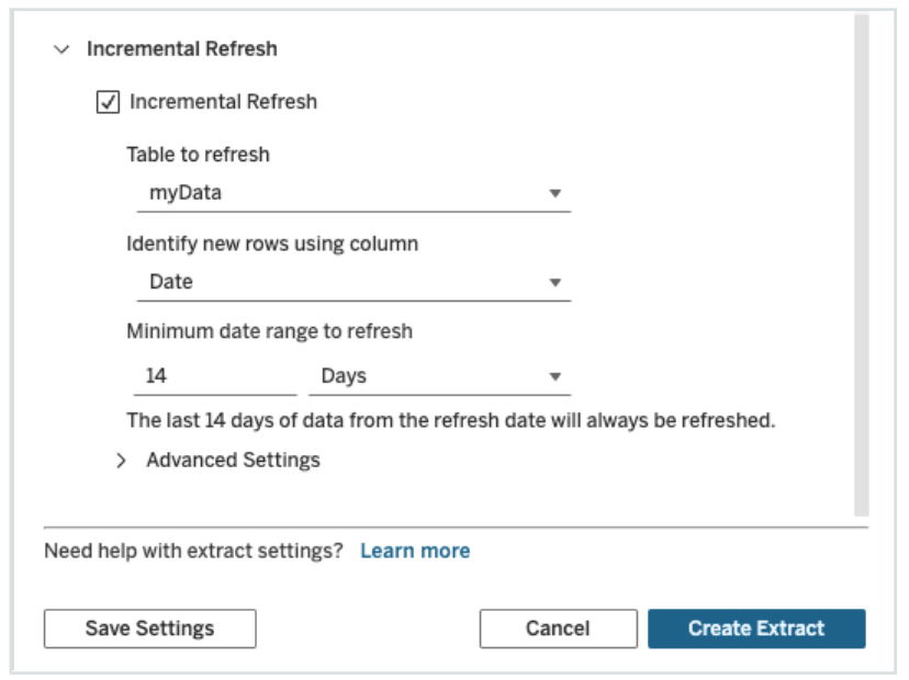 Incremental Refresh screen with fields to customize for table name, column name for identifying rows, and date range to refresh.