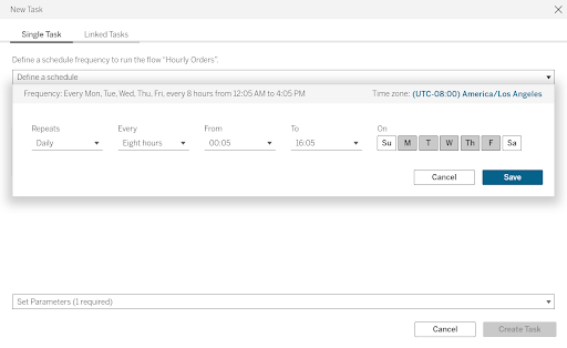 White menu window to define a data preparation workflow schedule showing days of the week to highlight in grey, frequency, time, and time range fields