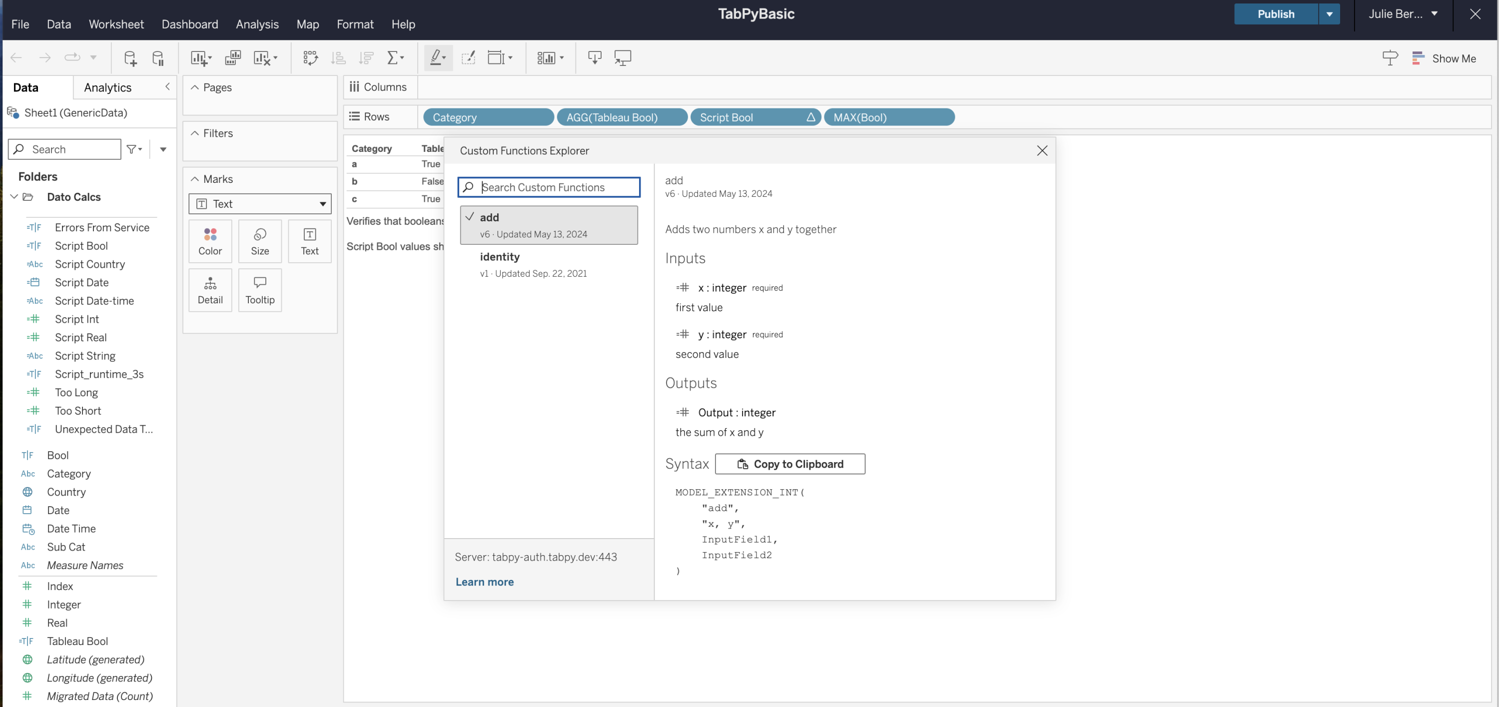 Custom functions explorer window on top of a Tableau visualization, where you can customize syntax for analytics functions