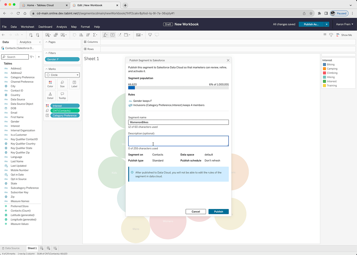 White menu screen titled Publish Segments to Salesforce with text fields on top of a Tableau visualization with green, orange, yellow, and pink packed bubble charts