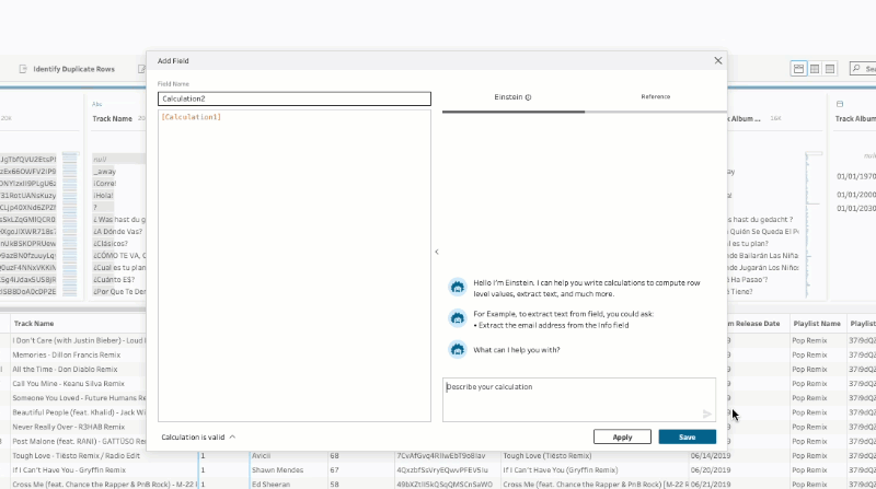 Looping video of someone typing "create an indicator for songs that are a remix" action in the ‘create calculated field’ dialog box within Tableau 